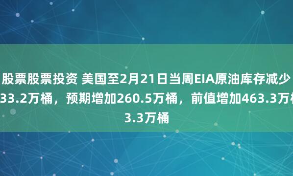 股票股票投资 美国至2月21日当周EIA原油库存减少233.2万桶，预期增加260.5万桶，前值增加463.3万桶